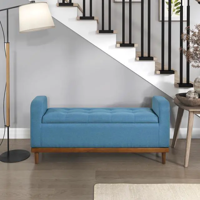Main image of Mid-Century Modern Lift Top Storage Bench 1pc Tufted Blue Upholstered Solid Wood Walnut Finish Wooden Furniture