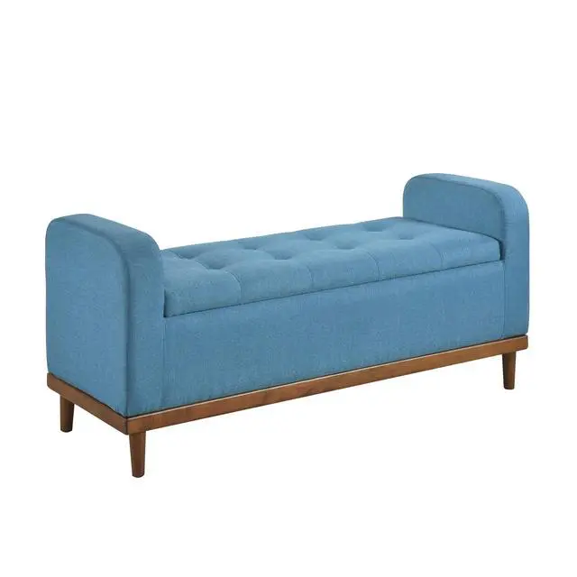 Alt view image 5 of 7 - Mid-Century Modern Lift Top Storage Bench 1pc Tufted Blue Upholstered Solid Wood Walnut Finish Wooden Furniture