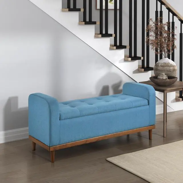 Alt view image 2 of 7 - Mid-Century Modern Lift Top Storage Bench 1pc Tufted Blue Upholstered Solid Wood Walnut Finish Wooden Furniture