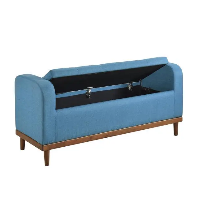 Alt view image 6 of 7 - Mid-Century Modern Lift Top Storage Bench 1pc Tufted Blue Upholstered Solid Wood Walnut Finish Wooden Furniture