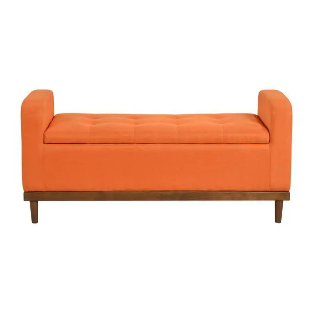 Alt view image 3 of 6 - Mid-Century Modern Lift Top Storage Bench 1pc Tufted Orange Upholstered Solid Wood Walnut Finish Wooden Furniture