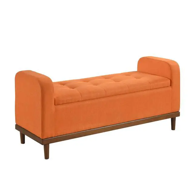 Alt view image 4 of 6 - Mid-Century Modern Lift Top Storage Bench 1pc Tufted Orange Upholstered Solid Wood Walnut Finish Wooden Furniture