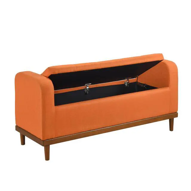 Alt view image 5 of 6 - Mid-Century Modern Lift Top Storage Bench 1pc Tufted Orange Upholstered Solid Wood Walnut Finish Wooden Furniture