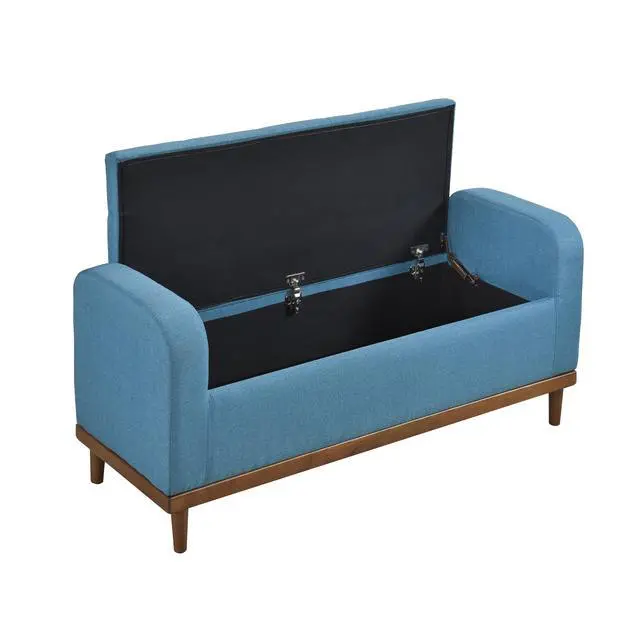 Alt view image 7 of 7 - Mid-Century Modern Lift Top Storage Bench 1pc Tufted Blue Upholstered Solid Wood Walnut Finish Wooden Furniture