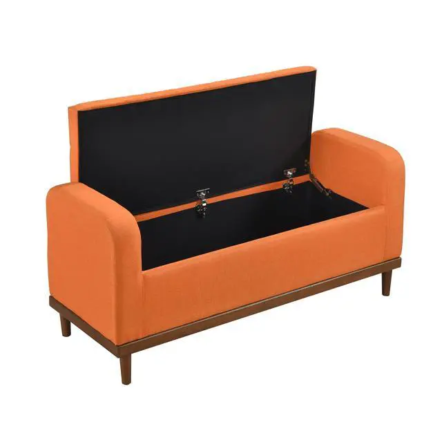 Alt view image 6 of 6 - Mid-Century Modern Lift Top Storage Bench 1pc Tufted Orange Upholstered Solid Wood Walnut Finish Wooden Furniture