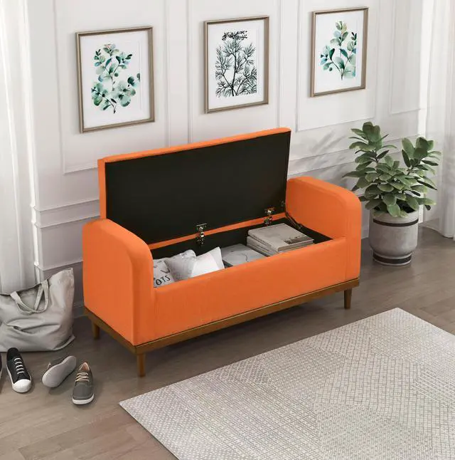 Alt view image 2 of 6 - Mid-Century Modern Lift Top Storage Bench 1pc Tufted Orange Upholstered Solid Wood Walnut Finish Wooden Furniture