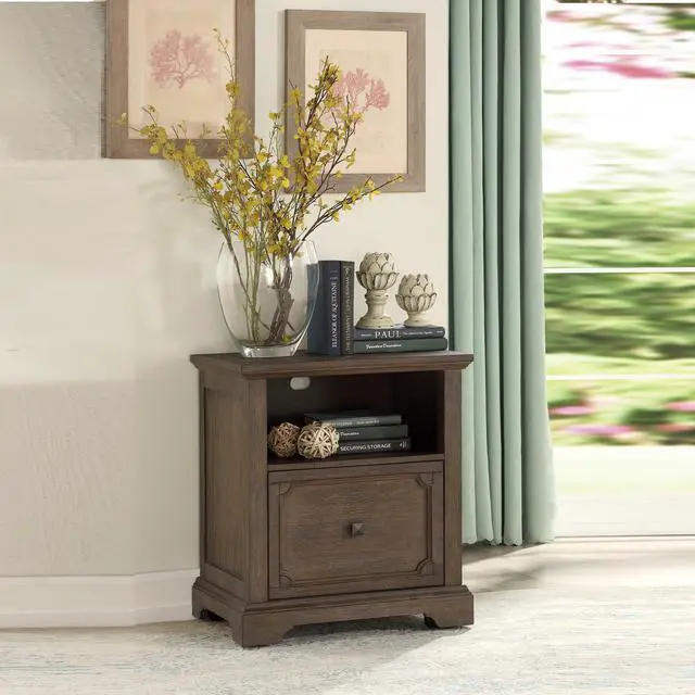 Alt view image 3 of 5 - Dark Oak Finish 1pc File Cabinet with Storage Drawer Shelf Casters Movement Wooden Furniture