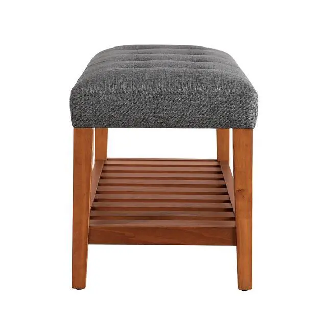 Alt view image 4 of 5 - Fabric Upholstered Bench with Open Storage, Gray and Oak