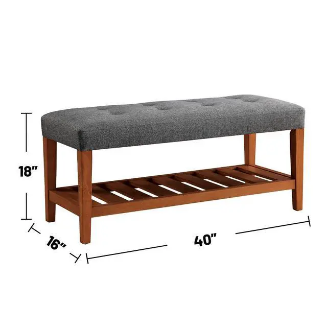 Alt view image 3 of 5 - Fabric Upholstered Bench with Open Storage, Gray and Oak