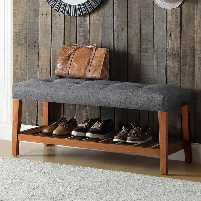 Alt view image 2 of 5 - Fabric Upholstered Bench with Open Storage, Gray and Oak