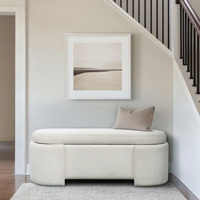 Main image of Fully Upholstered Oval Storage Bench with Soft-Close Lid, Ivory