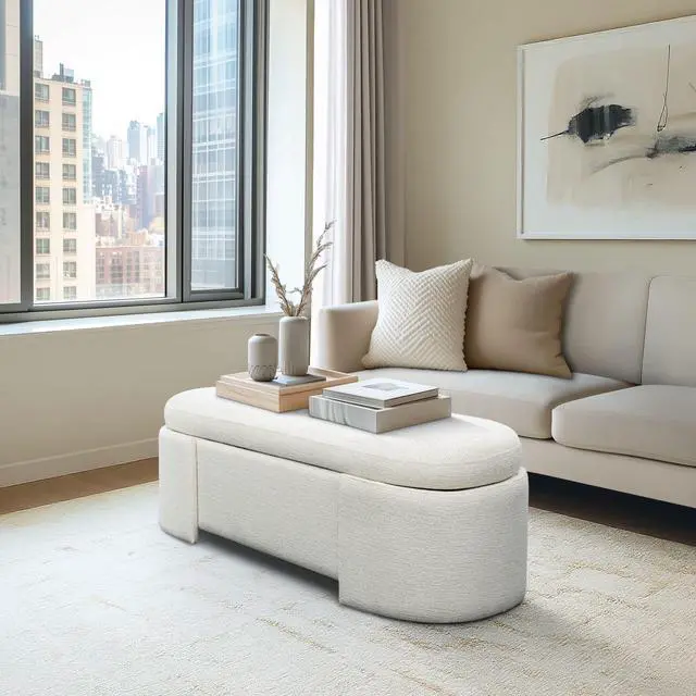 Alt view image 5 of 7 - Fully Upholstered Oval Storage Bench with Soft-Close Lid, Ivory