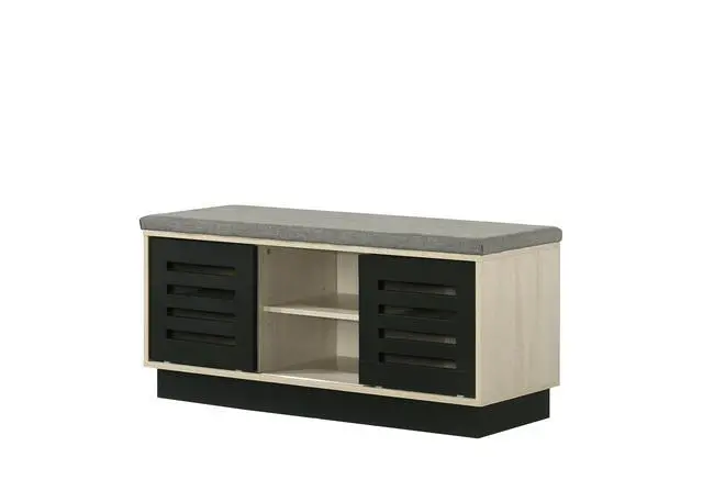 Alt view image 2 of 5 - Brett 38.5"W Oak Finish Shoe Cabinet with Sliding Doors, Upholstered Top