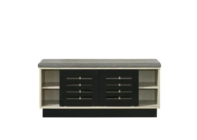Alt view image 4 of 5 - Brett 38.5"W Oak Finish Shoe Cabinet with Sliding Doors, Upholstered Top