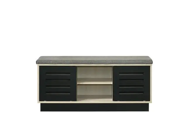 Alt view image 3 of 5 - Brett 38.5"W Oak Finish Shoe Cabinet with Sliding Doors, Upholstered Top