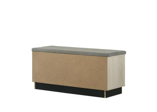 Alt view image 5 of 5 - Brett 38.5"W Oak Finish Shoe Cabinet with Sliding Doors, Upholstered Top