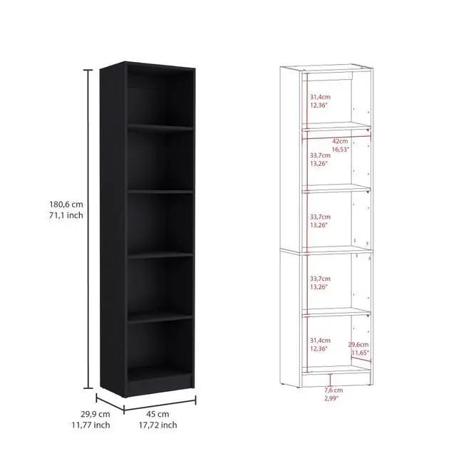 Alt view image 3 of 5 - Home Xs Bookcase with 5-Tier Shelves and Slim Design -Black -Office