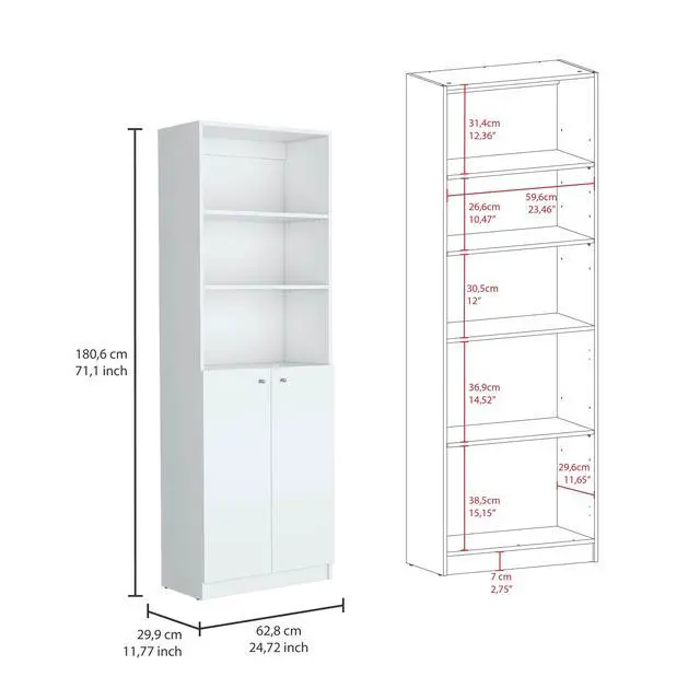 Alt view image 3 of 5 - Home 2-Door Bookcase, Modern Storage Unit with Dual Doors and Multi-Tier Shelves -White -Office