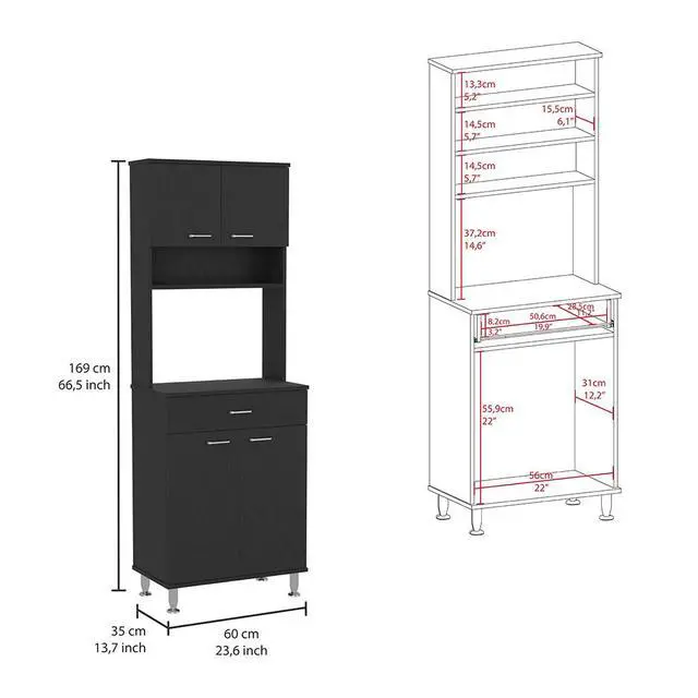 Alt view image 3 of 6 - Della 60 Kitchen Pantry with Countertop, Closed & Open Storage -Black