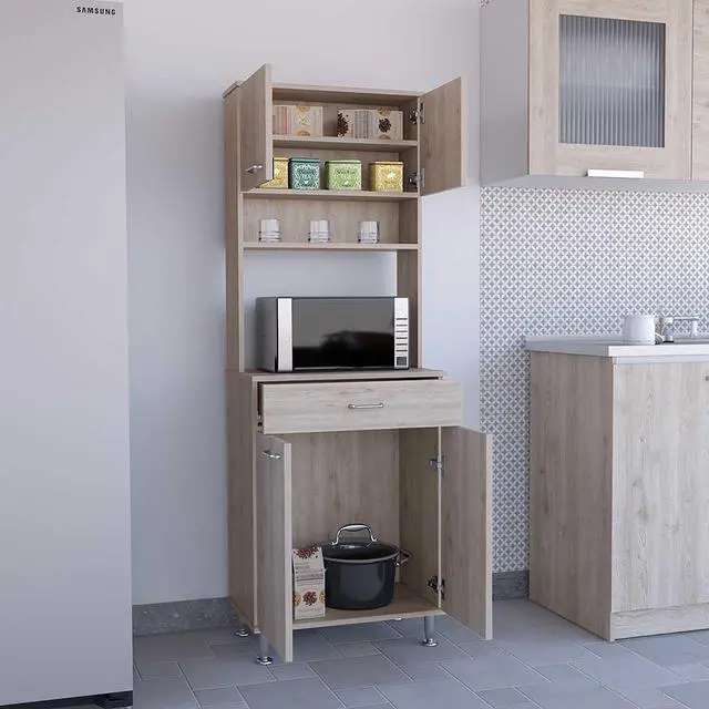 Alt view image 4 of 7 - Della 60 Kitchen Pantry with Countertop, Closed & Open Storage -Light Gray