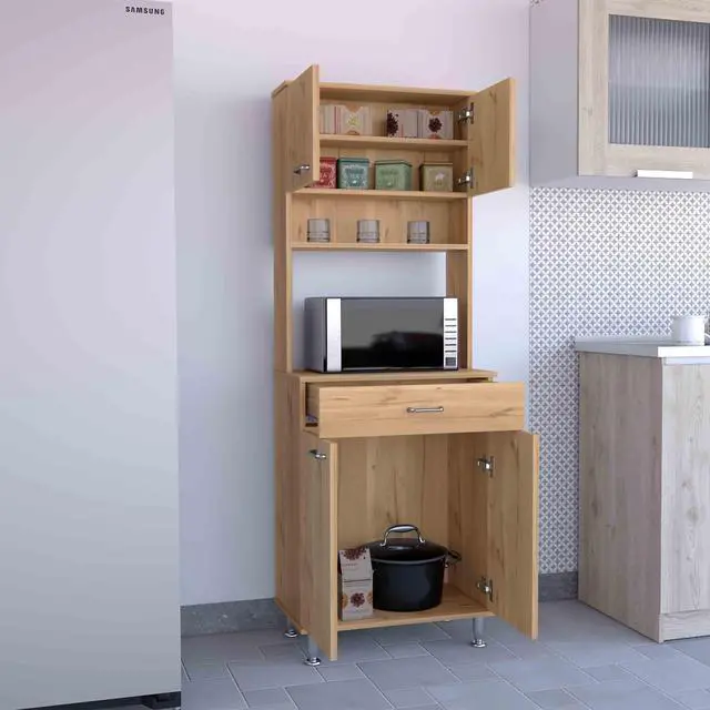 Alt view image 4 of 7 - Della 60 Kitchen Pantry with Countertop, Closed & Open Storage -Light Oak