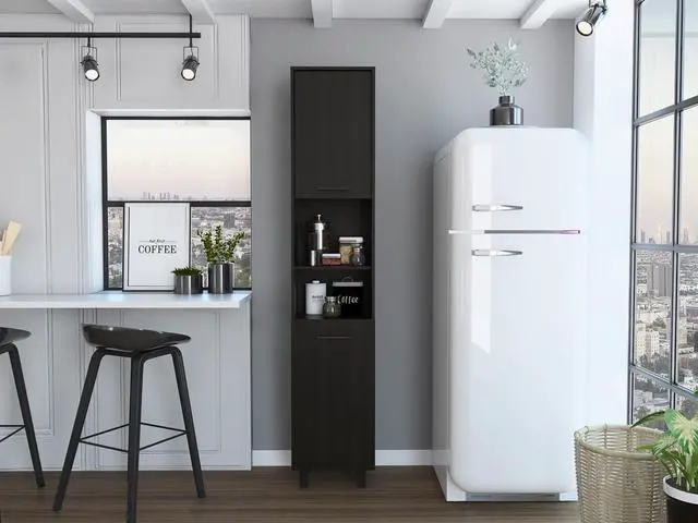 Main image of Hobart Pantry, Four Legs, Three Interior Shelves, Two Shelves, Two Cabinets -Black