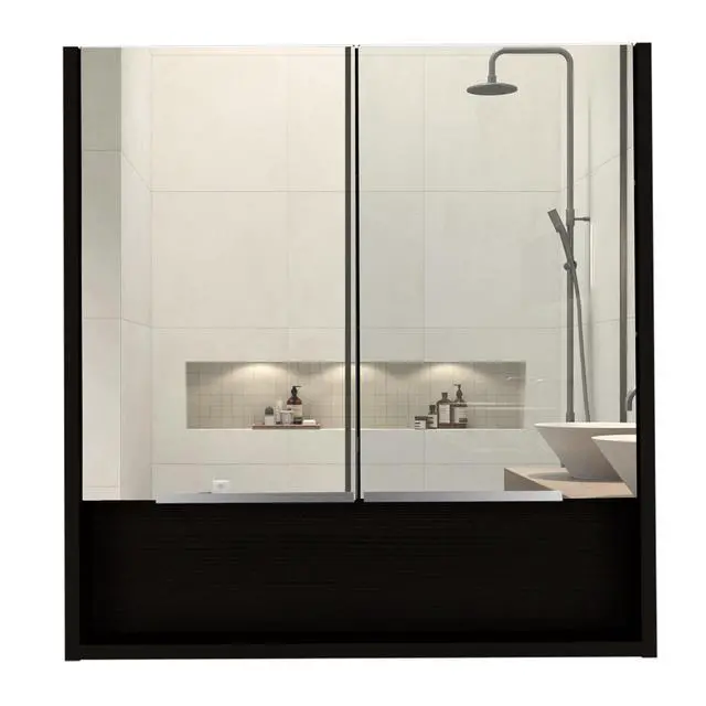 Alt view image 2 of 7 - Jaspe Mirror Cabinet, Three Internal Shelves, One Open Shelf, Double Door Cabinet -Black