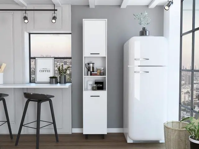 Main image of Hobart Pantry, Four Legs, Three Interior Shelves, Two Shelves, Two Cabinets -White