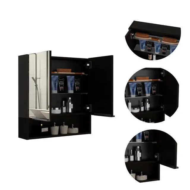Alt view image 3 of 7 - Jaspe Mirror Cabinet, Three Internal Shelves, One Open Shelf, Double Door Cabinet -Black