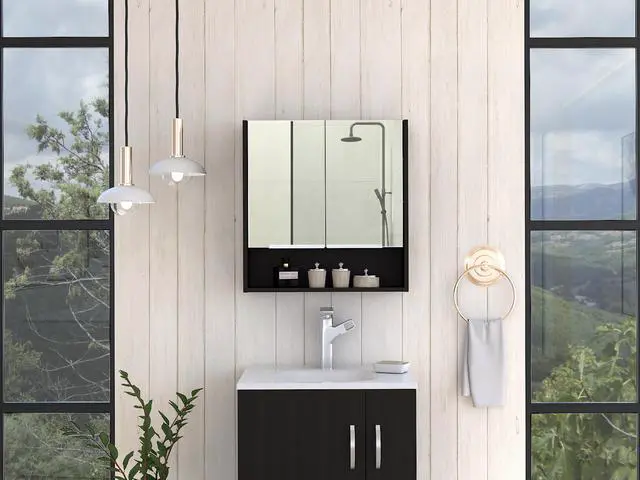 Main image of Jaspe Mirror Cabinet, Three Internal Shelves, One Open Shelf, Double Door Cabinet -Black