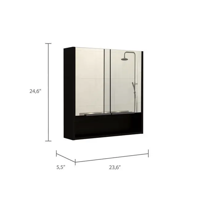 Alt view image 4 of 7 - Jaspe Mirror Cabinet, Three Internal Shelves, One Open Shelf, Double Door Cabinet -Black