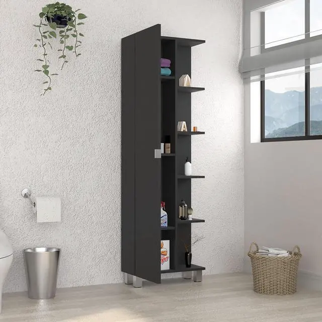 Alt view image 2 of 5 - Urano Mirror Linen Cabinet, Four Interior Shelves, Five External Shelves -Black