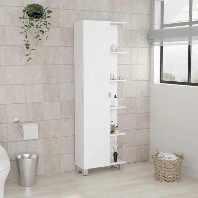 Main image of Urano Corner Linen Cabinet, Five External Shelves, Single Door, Four Interior Shelves -White