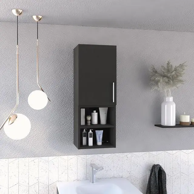 Main image of Madrid Medicine Cabinet, Two External Shelves, Metal Handle, Single Door, Two Interior Shelves -Black