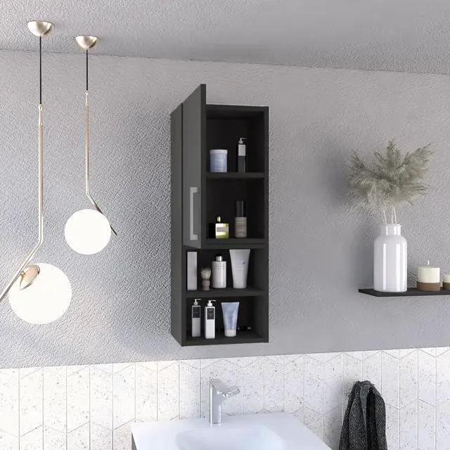 Alt view image 2 of 5 - Madrid Medicine Cabinet, Two External Shelves, Metal Handle, Single Door, Two Interior Shelves -Black