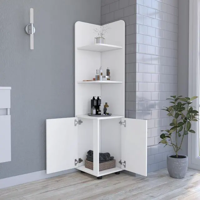 Alt view image 4 of 7 - Malibu Freestanding Linen Cabinet, 2-Doors, Open Shelves -White