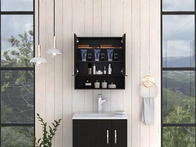 Alt view image 5 of 7 - Jaspe Mirror Cabinet, Three Internal Shelves, One Open Shelf, Double Door Cabinet -Black