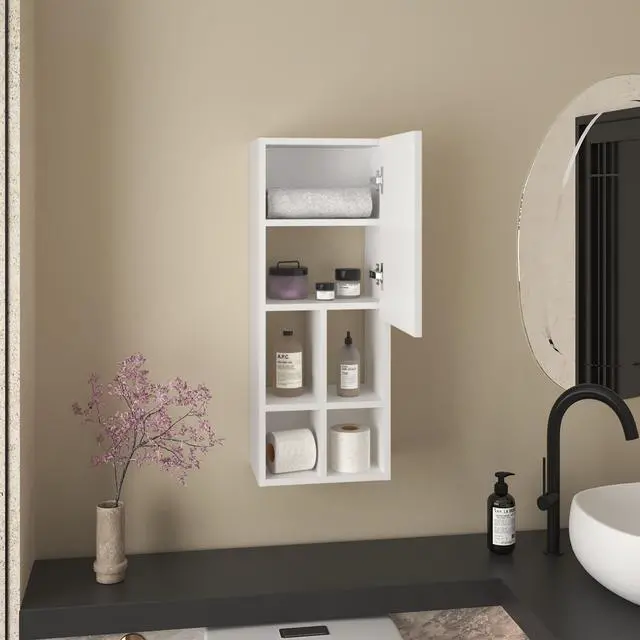 Alt view image 2 of 7 - Niwot Wall Bathroom Cabinet, One Door, Organizer For Toiletries And Towels, White