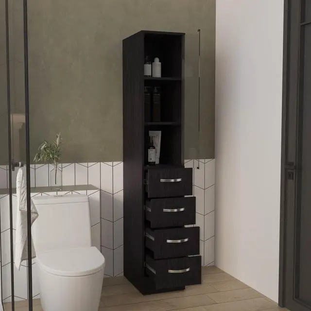 Alt view image 2 of 7 - Vanguard Linen Cabinet, Three Shelves, Four Drawers, Black