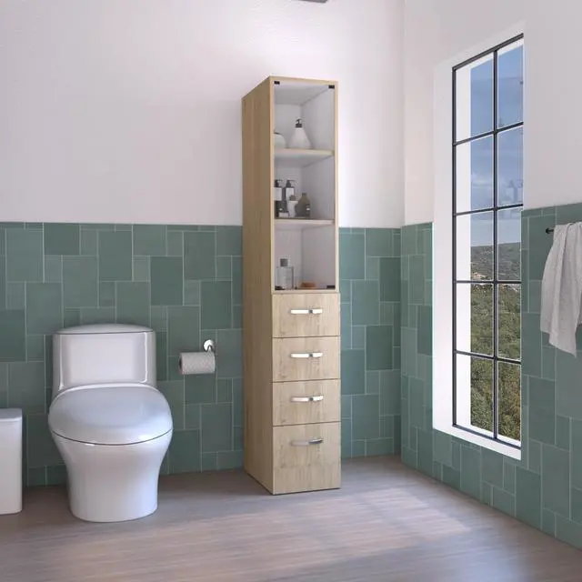 Main image of Vanguard Linen Cabinet, Three Shelves, Four Drawers -Light Pine / White