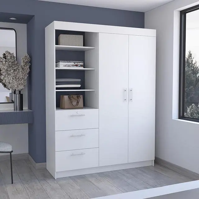 Main image of Kenya 3 Drawers Armoire, Double Door, 3-Tier Shelf -White