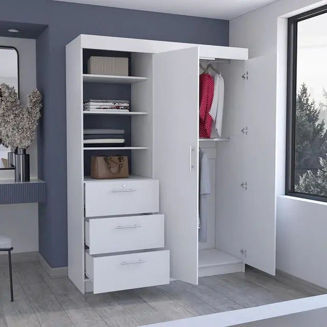 Alt view image 4 of 7 - Kenya 3 Drawers Armoire, Double Door, 3-Tier Shelf -White