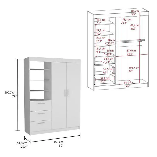 Alt view image 3 of 7 - Kenya 3 Drawers Armoire, Double Door, 3-Tier Shelf -White
