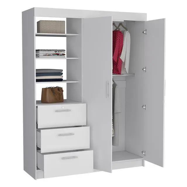 Alt view image 7 of 7 - Kenya 3 Drawers Armoire, Double Door, 3-Tier Shelf -White