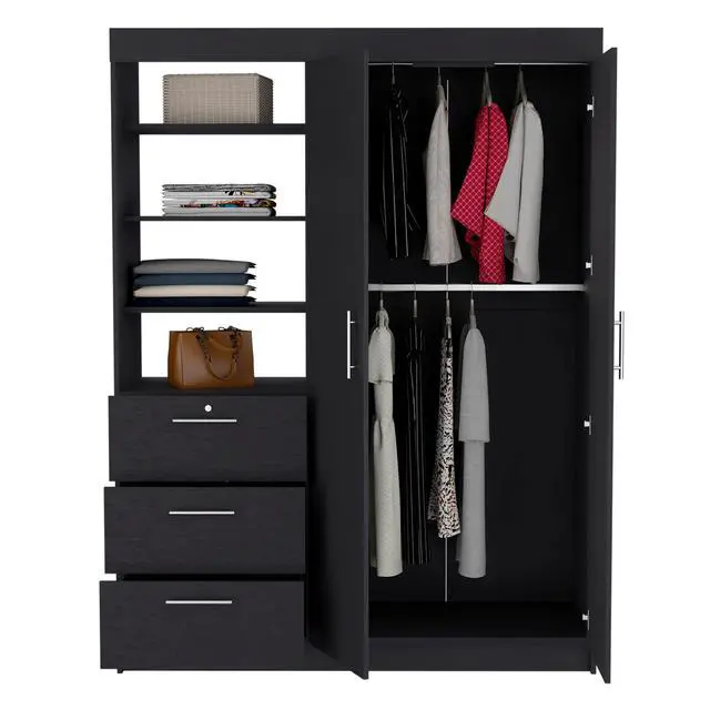 Alt view image 3 of 5 - Kenya 3 Drawers Armoire, Double Door, 3-Tier Shelf -Black