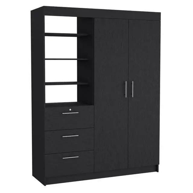 Alt view image 2 of 5 - Kenya 3 Drawers Armoire, Double Door, 3-Tier Shelf -Black