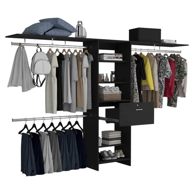 Alt view image 7 of 7 - Plego 70"W - 118"W Drawers Closet System, One Drawer,Three Hanging Rods, Five Shelves -Black