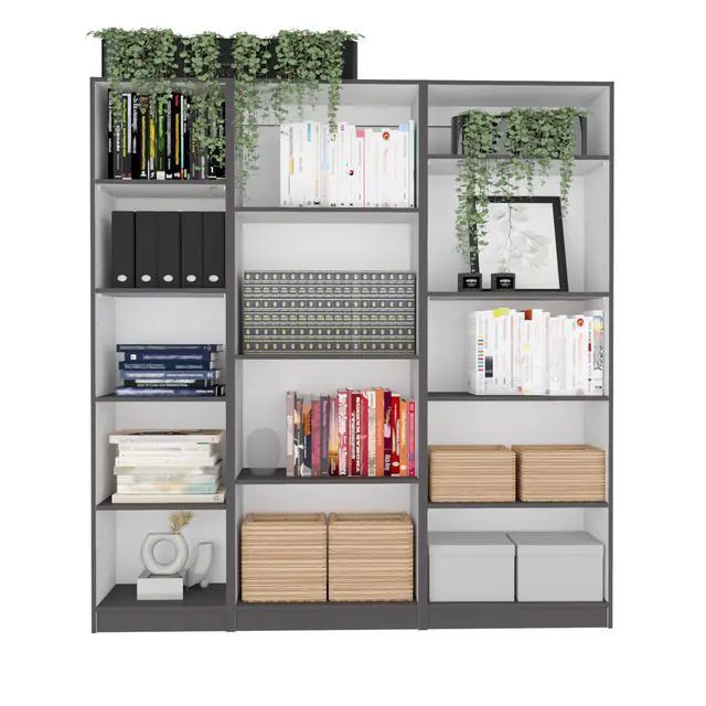 Alt view image 2 of 7 - Dupree 3 Piece Home Bookcase set, 67" Wide with 14 Shelves , Living Room Set Set Mat Gray - White