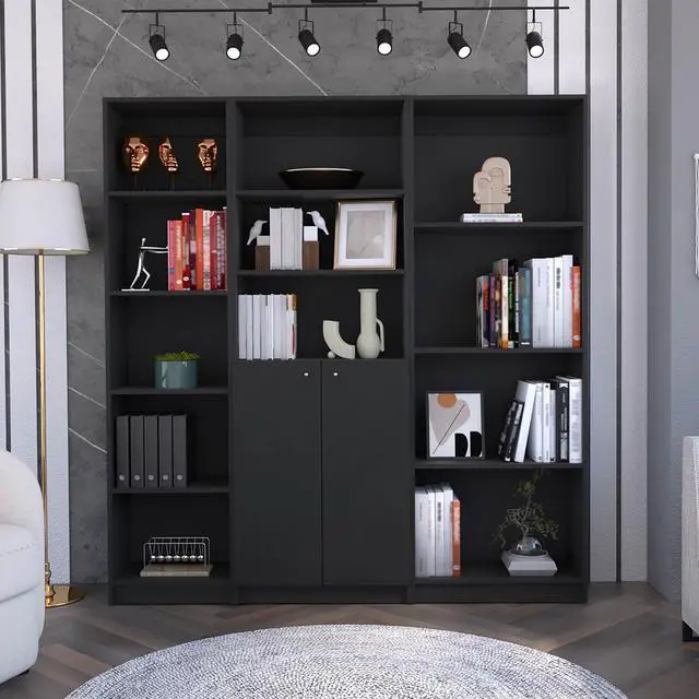 Main image of Poole 3 Piece Home Bookcase set, 67" Wide with 12 Shelves and Two-Door Cabinet , Living Room Set Set Black