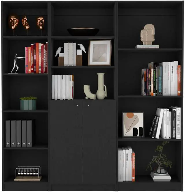 Alt view image 2 of 7 - Poole 3 Piece Home Bookcase set, 67" Wide with 12 Shelves and Two-Door Cabinet , Living Room Set Set Black
